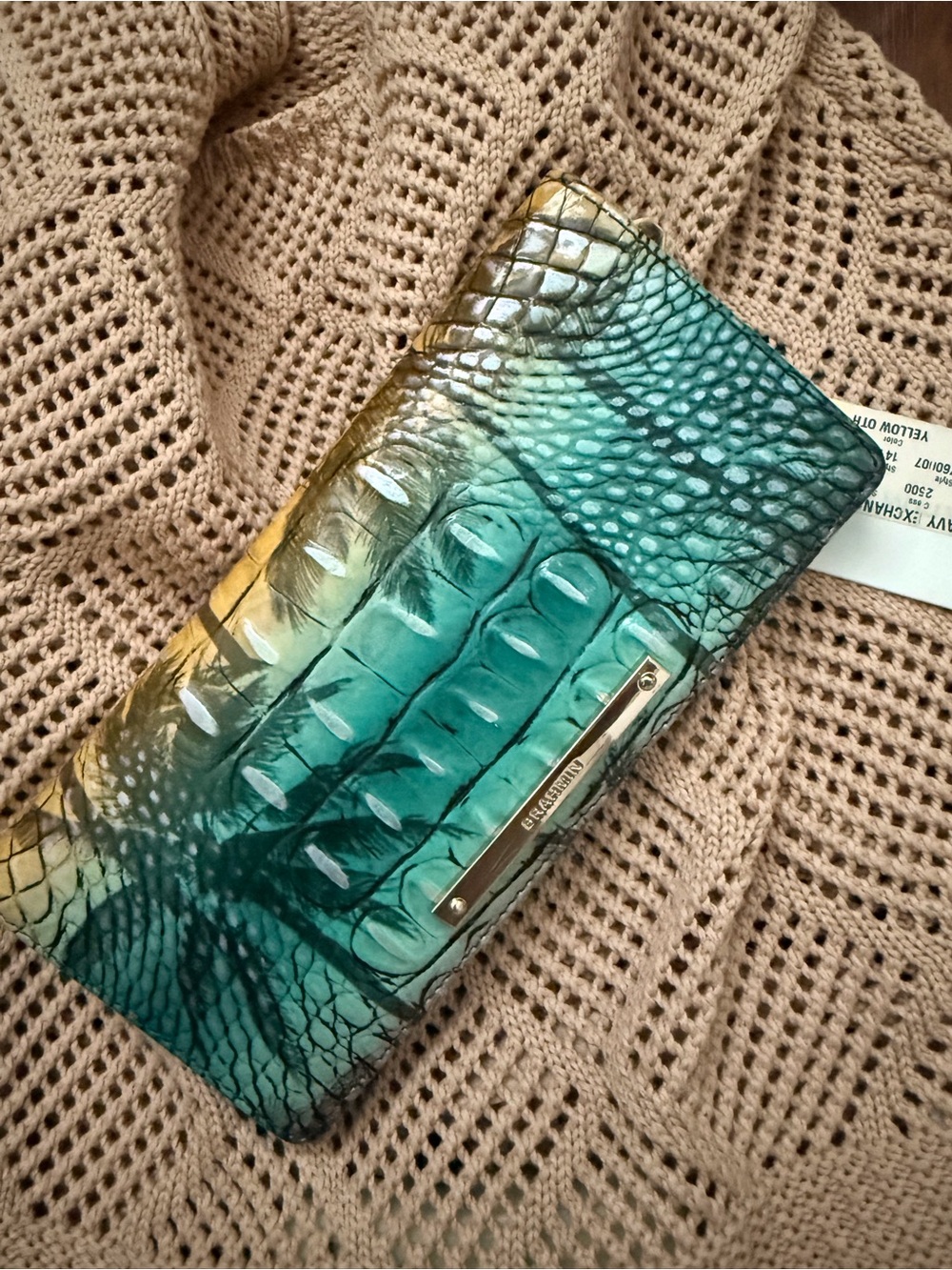 Brahmin Teal and Yellow Ombre Embossed Leather Wallet